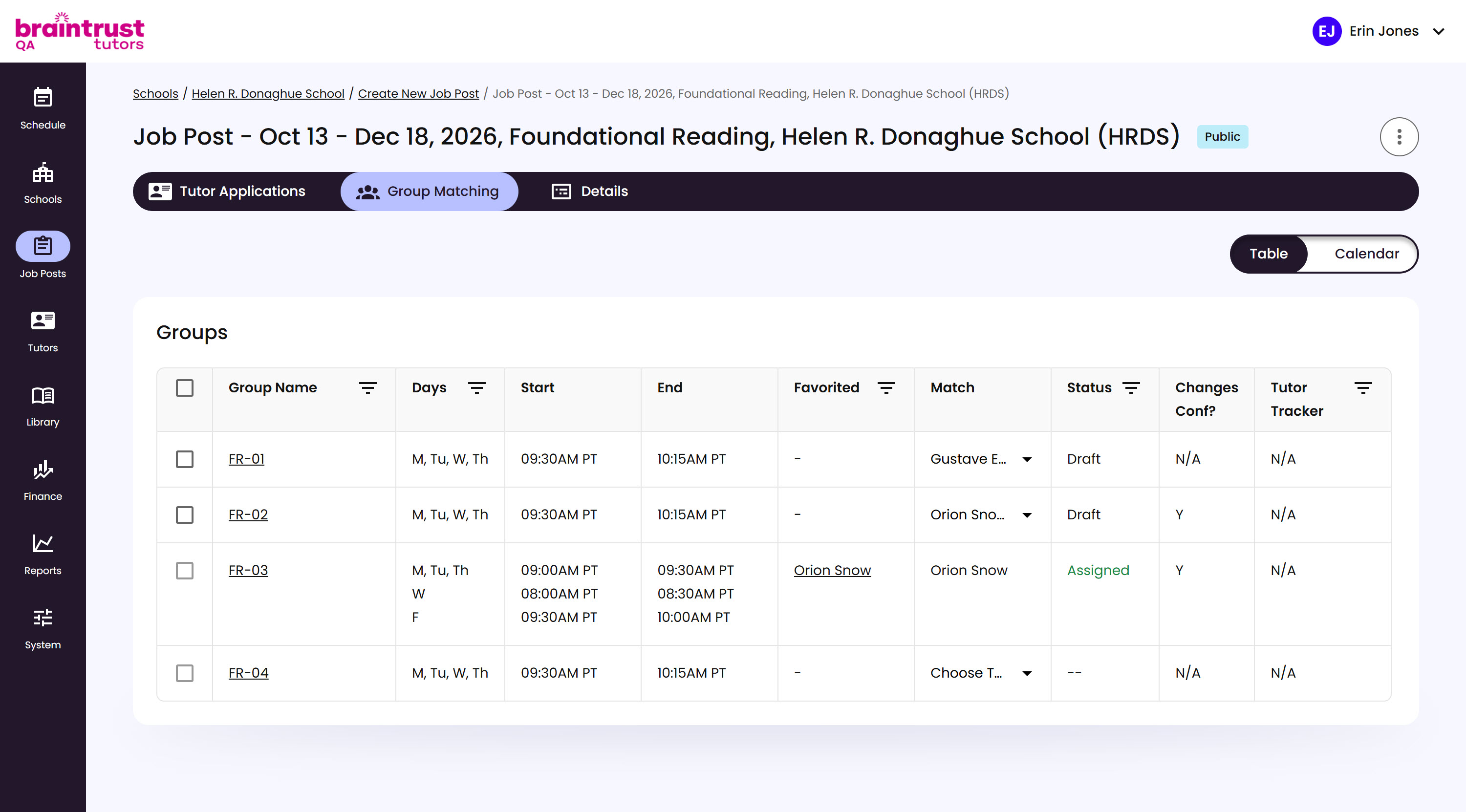 The Group Matching table, with a Group's Status showing Assigned