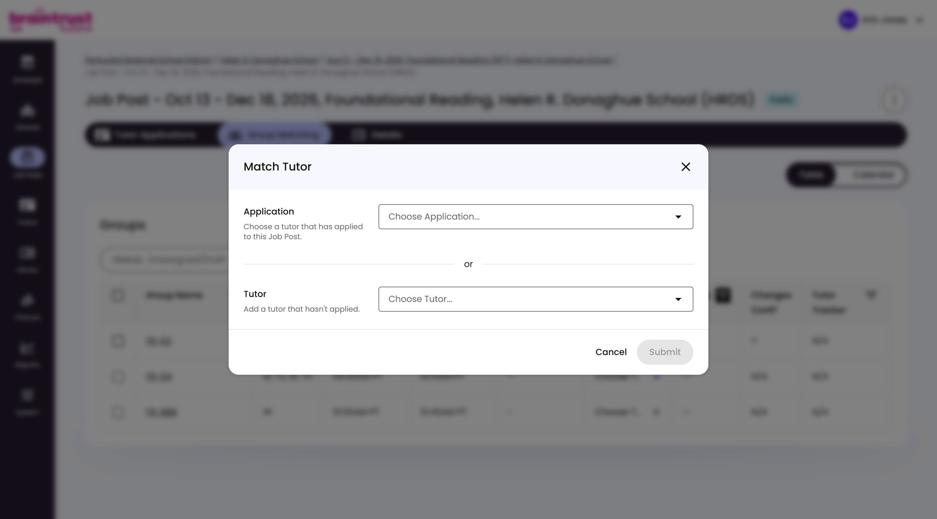 The Match Tutor modal, with an Application dropdown and a Tutor dropdown separated by "or", and Cancel and Submit buttons