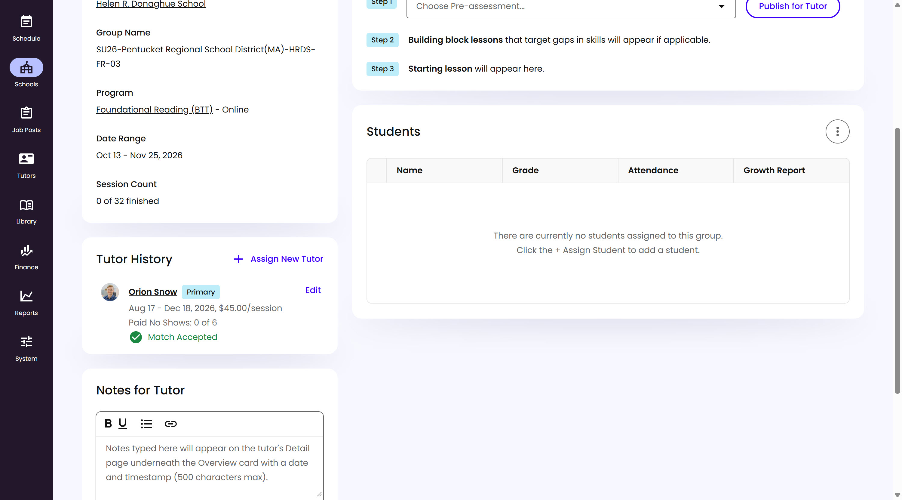 The Group Details page's Tutor History card, showing a Primary Tutor's agreement with a Match Accepted status, and an Assign New Tutor link