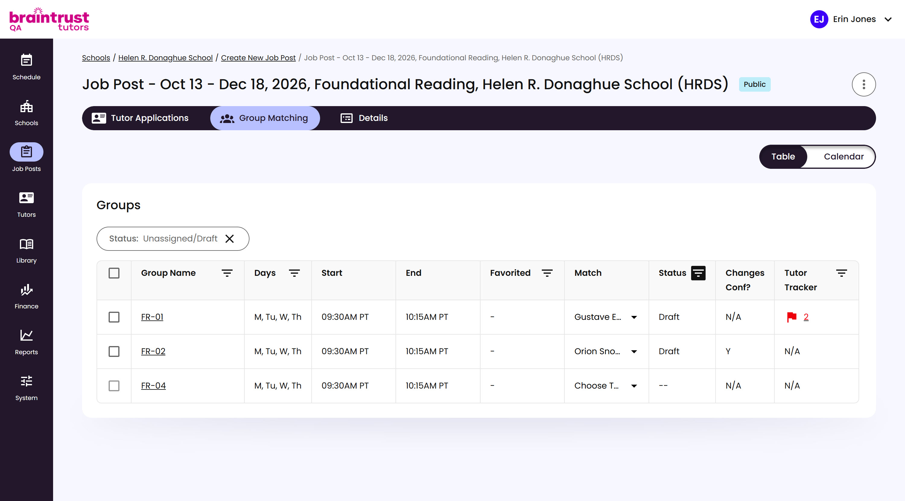 The Group Matching table, with a red flag icon and count in the Tutor Tracker column for a matched Tutor with active flagged concerns