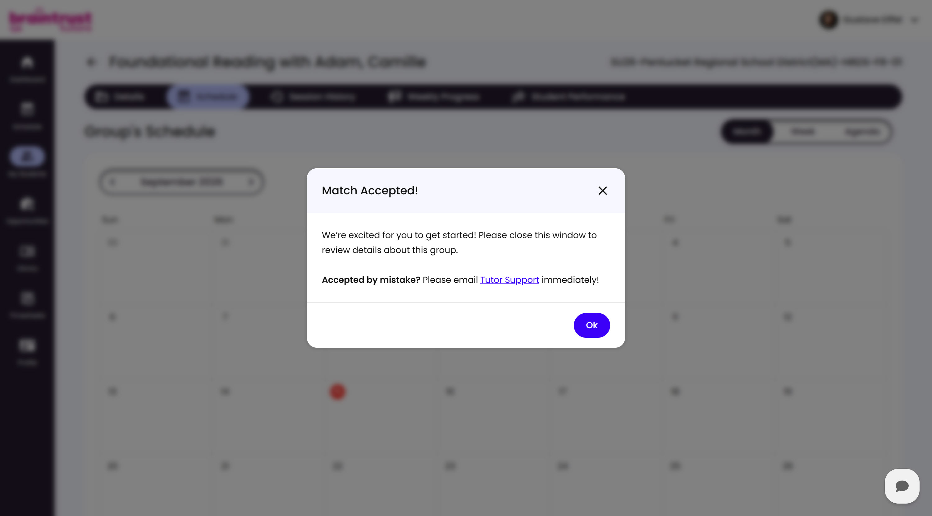 The "Match Accepted" modal, over the Group's Schedule tab, welcoming the Tutor with a note to email Tutor Support if accepted by mistake